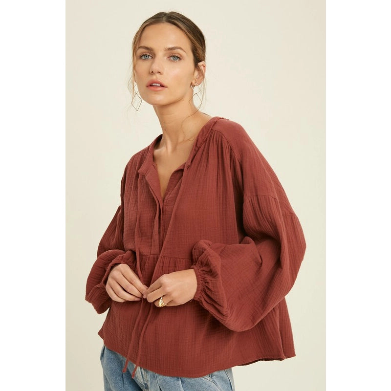 Rust Cotton Gauze Peplum Top