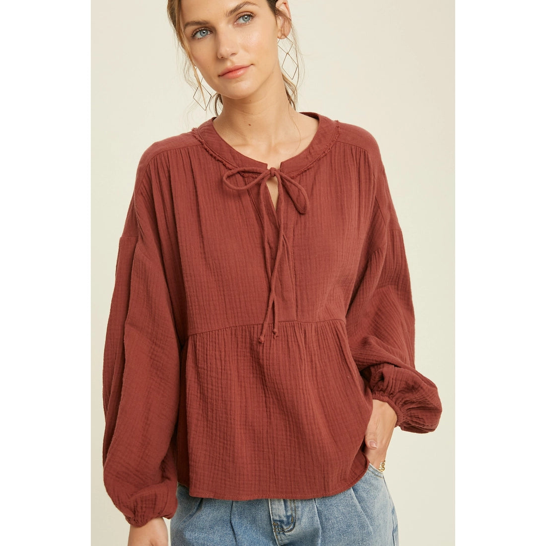 Rust Cotton Gauze Peplum Top